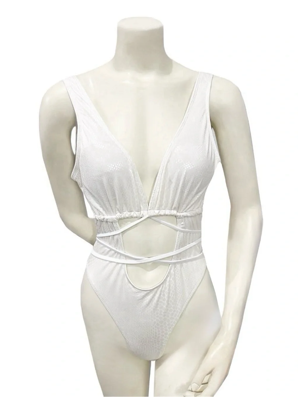 White Snakeskin Shimmer Cutout One-Piece Swimsuit Size M Open Back - Picture 4 of 9